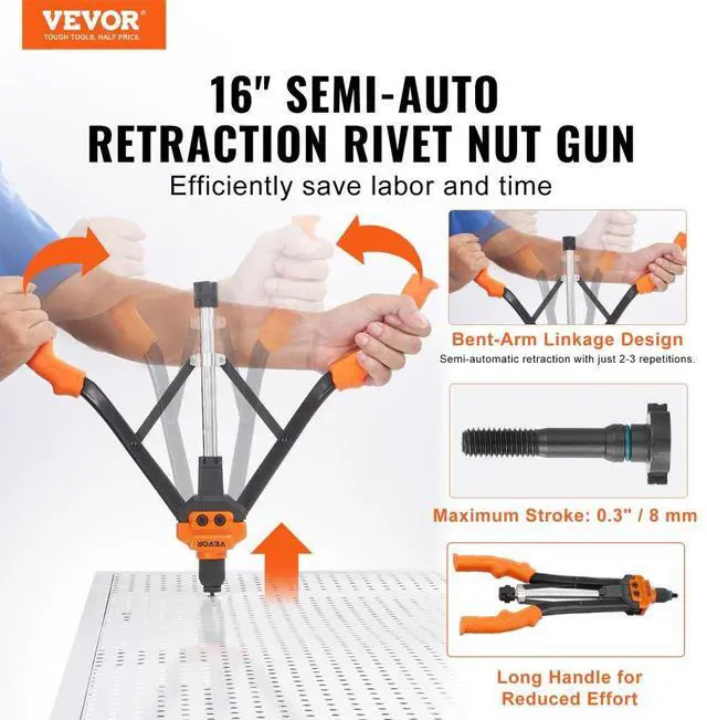 Alt view image 2 of 7 - VEVOR Rivet Nut Tool, 16 inch Rivnut Tool Kit with 13PCS Metric and SAE Mandrels, 186PCS Rivet Nuts, Semi-auto Retraction, M3, M4, M5, M6, M8, M10, M12, 1/4-20, 5/16-18, 3/8-16, 1/2-13, 8-32, 10-24