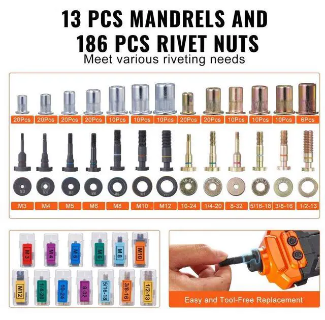 Alt view image 4 of 7 - VEVOR Rivet Nut Tool, 16 inch Rivnut Tool Kit with 13PCS Metric and SAE Mandrels, 186PCS Rivet Nuts, Semi-auto Retraction, M3, M4, M5, M6, M8, M10, M12, 1/4-20, 5/16-18, 3/8-16, 1/2-13, 8-32, 10-24