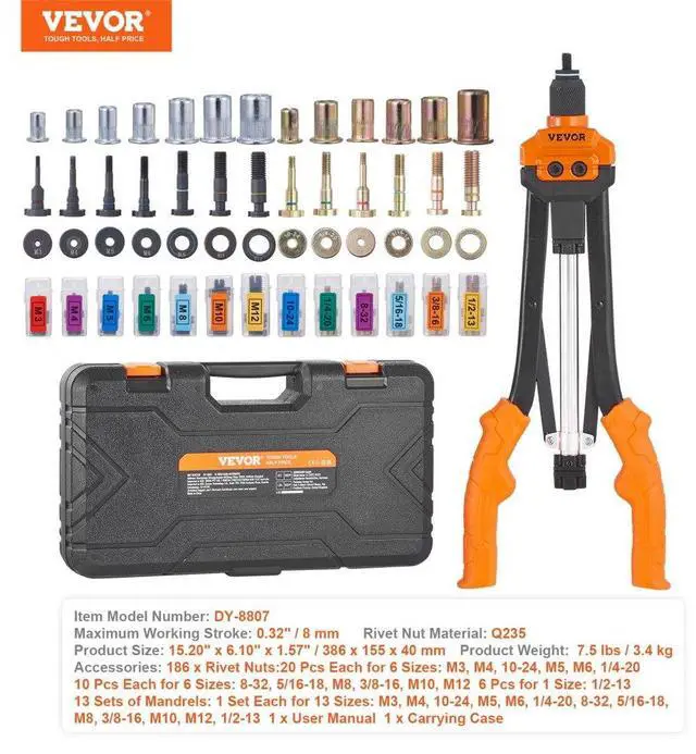 Alt view image 7 of 7 - VEVOR Rivet Nut Tool, 16 inch Rivnut Tool Kit with 13PCS Metric and SAE Mandrels, 186PCS Rivet Nuts, Semi-auto Retraction, M3, M4, M5, M6, M8, M10, M12, 1/4-20, 5/16-18, 3/8-16, 1/2-13, 8-32, 10-24