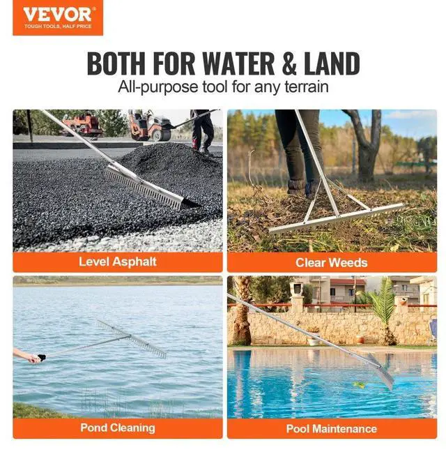 Alt view image 2 of 7 - VEVOR Landscape Rake, 36" Head Aluminum Landscape Rake, Lake Weed Rake with 75" Long Handle, for Loosening Soil, Lawn Care, Weeding Lake, Garden, Pond