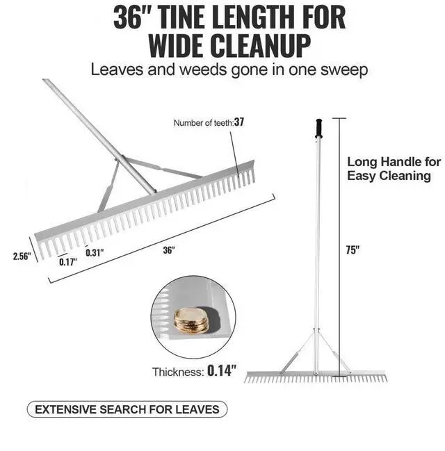 Alt view image 3 of 7 - VEVOR Landscape Rake, 36" Head Aluminum Landscape Rake, Lake Weed Rake with 75" Long Handle, for Loosening Soil, Lawn Care, Weeding Lake, Garden, Pond