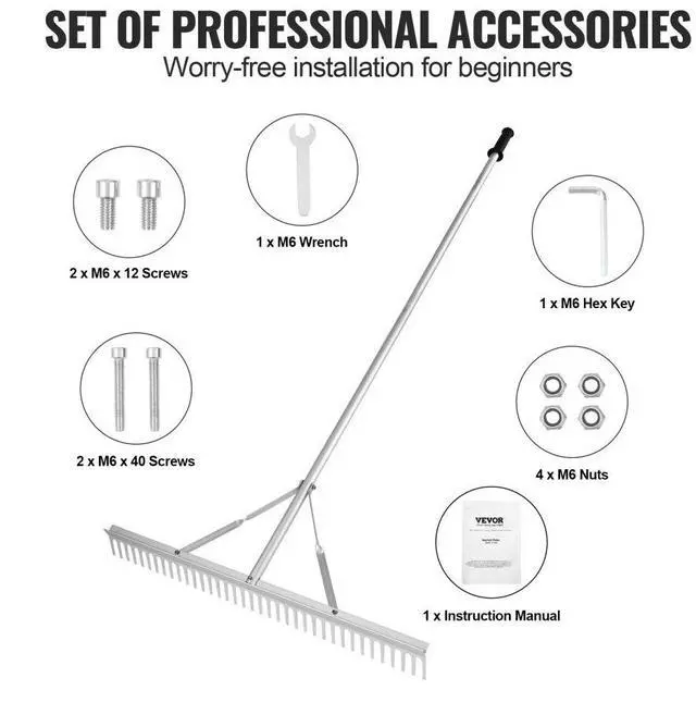 Alt view image 4 of 7 - VEVOR Landscape Rake, 36" Head Aluminum Landscape Rake, Lake Weed Rake with 75" Long Handle, for Loosening Soil, Lawn Care, Weeding Lake, Garden, Pond