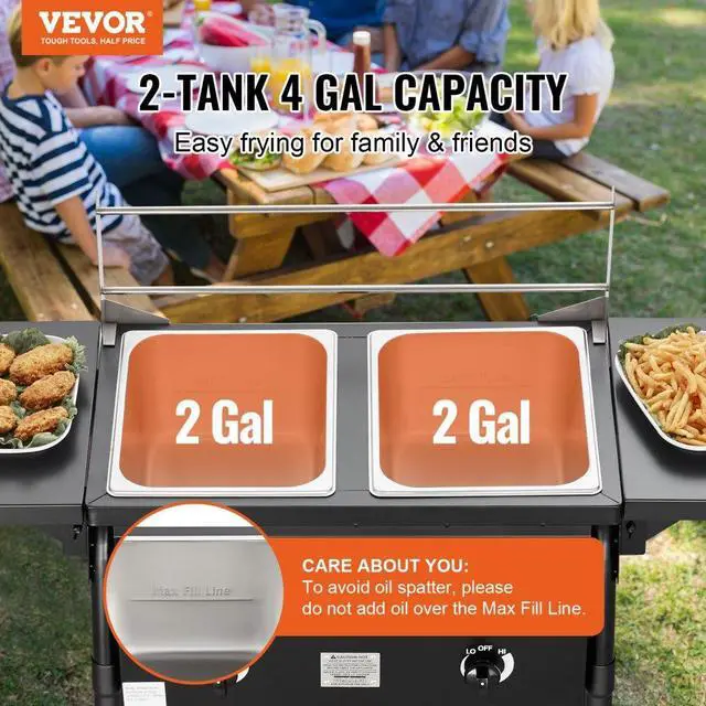 Alt view image 2 of 7 - VEVOR Outdoor Propane Deep Fryer, Double Burners Commercial Fryer, 16 Qt Stainless Steel Cooker with Removable Baskets & Lids & Tanks, Oil Fryer Cart with Thermometer & Regulator, For Outdoor Cooking