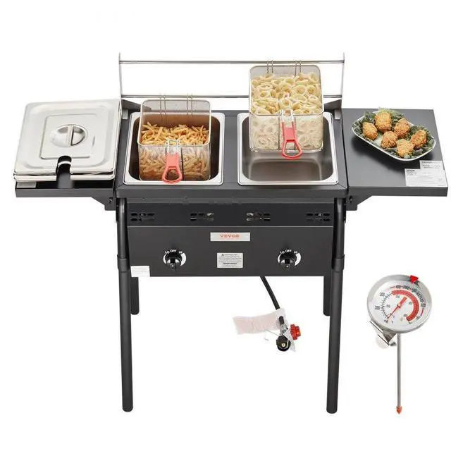 Main image of VEVOR Outdoor Propane Deep Fryer, Double Burners Commercial Fryer, 16 Qt Stainless Steel Cooker with Removable Baskets & Lids & Tanks, Oil Fryer Cart with Thermometer & Regulator, For Outdoor Cooking