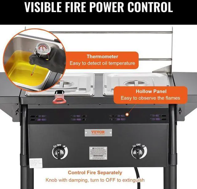 Alt view image 4 of 7 - VEVOR Outdoor Propane Deep Fryer, Double Burners Commercial Fryer, 16 Qt Stainless Steel Cooker with Removable Baskets & Lids & Tanks, Oil Fryer Cart with Thermometer & Regulator, For Outdoor Cooking