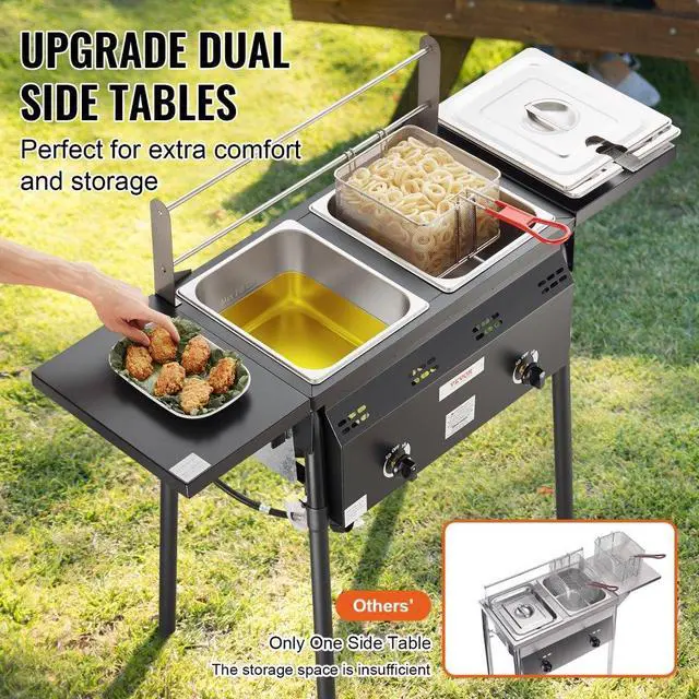Alt view image 3 of 7 - VEVOR Outdoor Propane Deep Fryer, Double Burners Commercial Fryer, 16 Qt Stainless Steel Cooker with Removable Baskets & Lids & Tanks, Oil Fryer Cart with Thermometer & Regulator, For Outdoor Cooking