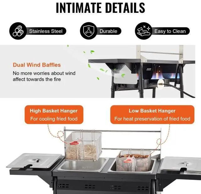 Alt view image 6 of 7 - VEVOR Outdoor Propane Deep Fryer, Double Burners Commercial Fryer, 16 Qt Stainless Steel Cooker with Removable Baskets & Lids & Tanks, Oil Fryer Cart with Thermometer & Regulator, For Outdoor Cooking