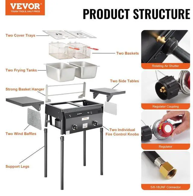 Alt view image 7 of 7 - VEVOR Outdoor Propane Deep Fryer, Double Burners Commercial Fryer, 16 Qt Stainless Steel Cooker with Removable Baskets & Lids & Tanks, Oil Fryer Cart with Thermometer & Regulator, For Outdoor Cooking