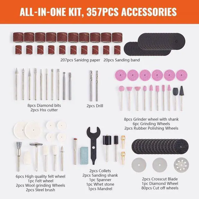 Alt view image 3 of 7 - VEVOR Rotary Tool Accessory Kit, 357PCS Accessories Kit, 1/8" Diameter Shank, Universal Fitment Power Rotary Tool Accessories Set for Grinding, Carving, Sanding, Cutting, Drilling