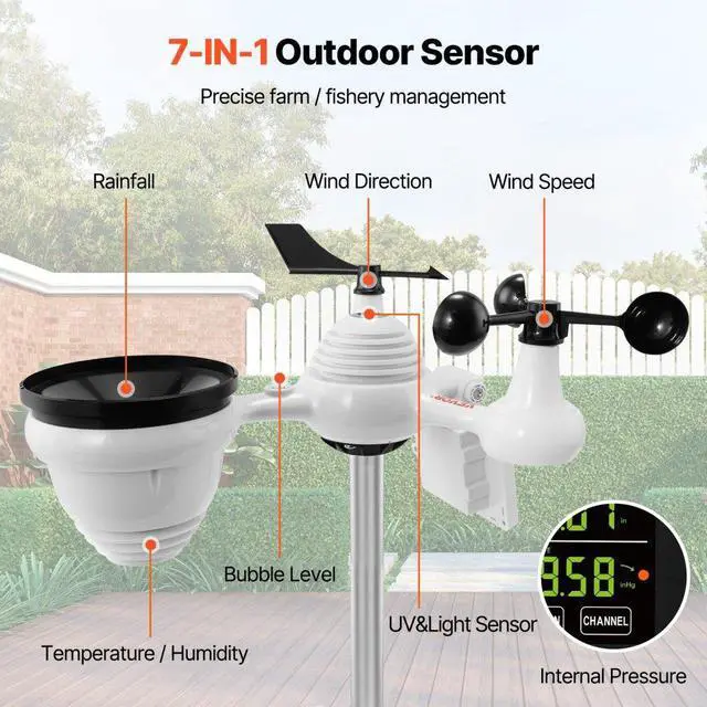 Alt view image 2 of 7 - VEVOR 7-in-1 Wi-Fi Weather Station, 7.5 in Color Display, Home Weather Station Indoor Outdoor, with Solar Wireless Outdoor Sensor  Alarm Alerts, for Temperature Humidity Wind Speed/Direction Rain