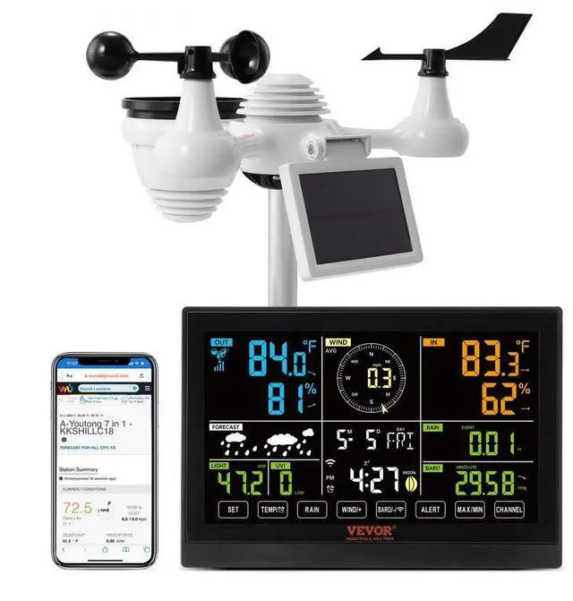 Main image of VEVOR 7-in-1 Wi-Fi Weather Station, 7.5 in Color Display, Home Weather Station Indoor Outdoor, with Solar Wireless Outdoor Sensor  Alarm Alerts, for Temperature Humidity Wind Speed/Direction Rain