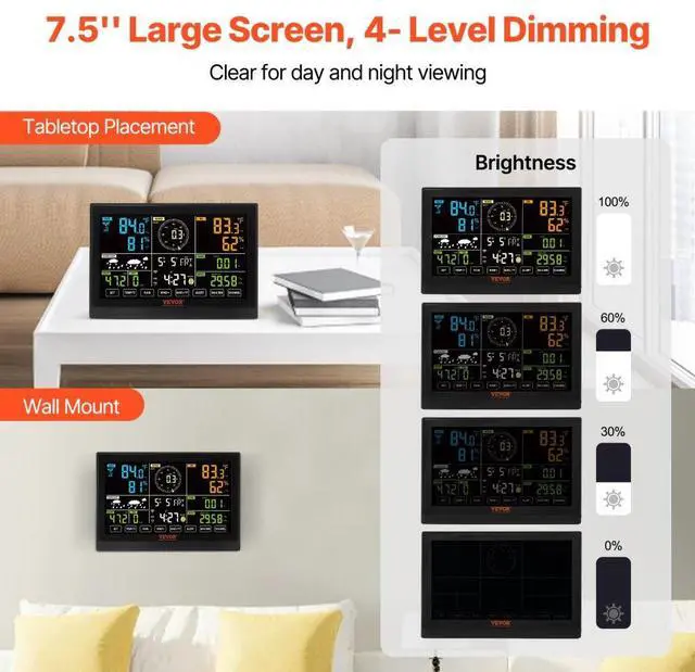 Alt view image 5 of 7 - VEVOR 7-in-1 Wi-Fi Weather Station, 7.5 in Color Display, Home Weather Station Indoor Outdoor, with Solar Wireless Outdoor Sensor  Alarm Alerts, for Temperature Humidity Wind Speed/Direction Rain
