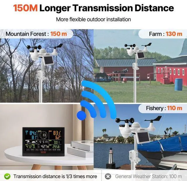 Alt view image 6 of 7 - VEVOR 7-in-1 Wi-Fi Weather Station, 7.5 in Color Display, Home Weather Station Indoor Outdoor, with Solar Wireless Outdoor Sensor  Alarm Alerts, for Temperature Humidity Wind Speed/Direction Rain