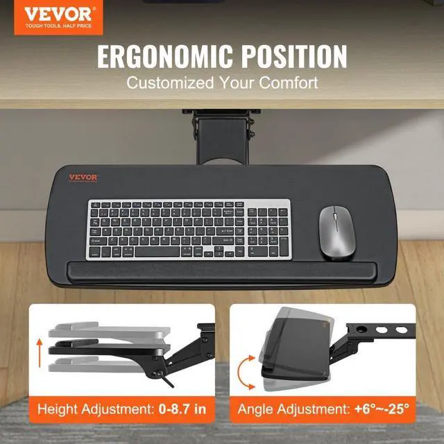 Alt view image 2 of 7 - VEVOR Keyboard Tray under Desk Adjustable Height, Height and Angle Adjustable under Desk Keyboard Tray Slide out, Large 25x9.8 inch Keyboard Holder under Desk for Typing in Home, Office Work