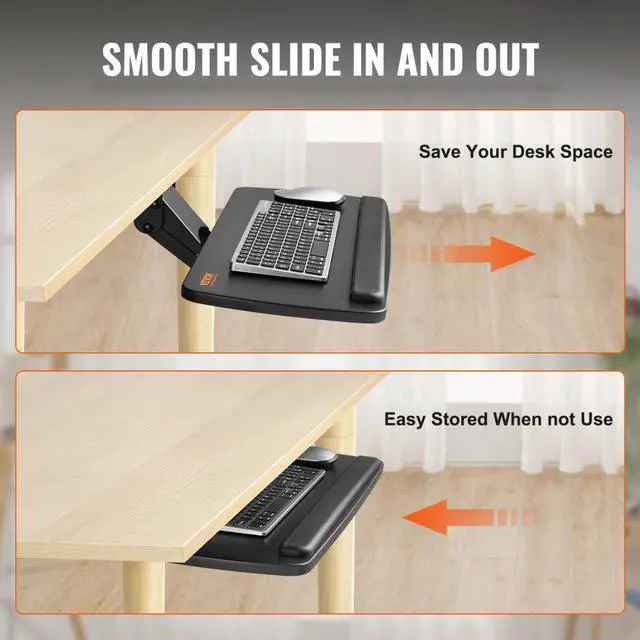 Alt view image 4 of 7 - VEVOR Keyboard Tray under Desk Adjustable Height, Height and Angle Adjustable under Desk Keyboard Tray Slide out, Large 25x9.8 inch Keyboard Holder under Desk for Typing in Home, Office Work