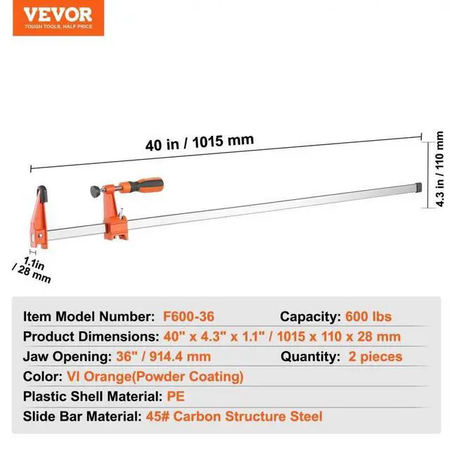 Alt view image 7 of 7 - VEVOR Bar Clamps for Woodworking, 2-Pack 36" Clamp/Spreader, Quick-Change F Clamp with 600 lbs Load Limit, 2.5" Throat Depth, Cast Iron and Carbon Steel, Wood Clamps for Woodworking Metal Working