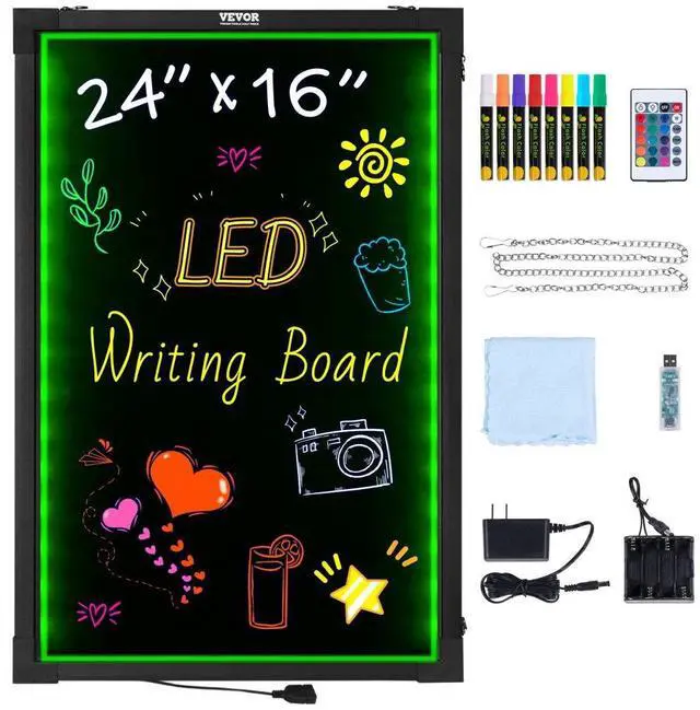 Main image of VEVOR LED Message Writing Board, 24"x16" Illuminated Erasable Lighted Chalkboard, Neon Effect Menu Sign Board, Drawing Board with 8 Fluorescent Chalk Markers and Remote Tested to UL Standards