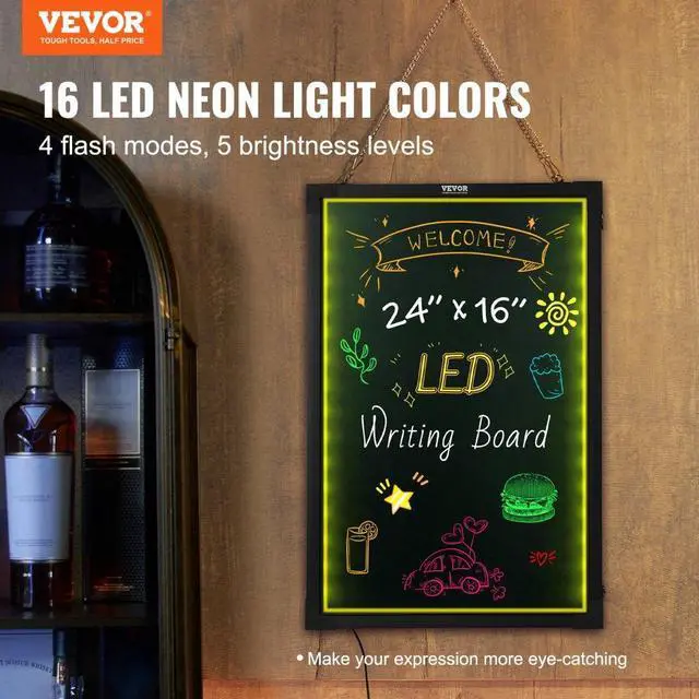 Alt view image 2 of 14 - VEVOR LED Message Writing Board, 24"x16" Illuminated Erasable Lighted Chalkboard, Neon Effect Menu Sign Board, Drawing Board with 8 Fluorescent Chalk Markers and Remote Tested to UL Standards