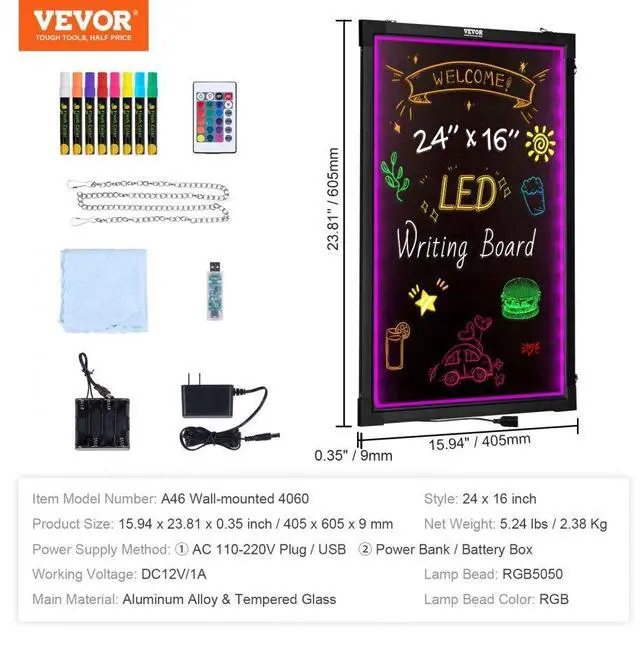 Alt view image 7 of 14 - VEVOR LED Message Writing Board, 24"x16" Illuminated Erasable Lighted Chalkboard, Neon Effect Menu Sign Board, Drawing Board with 8 Fluorescent Chalk Markers and Remote Tested to UL Standards