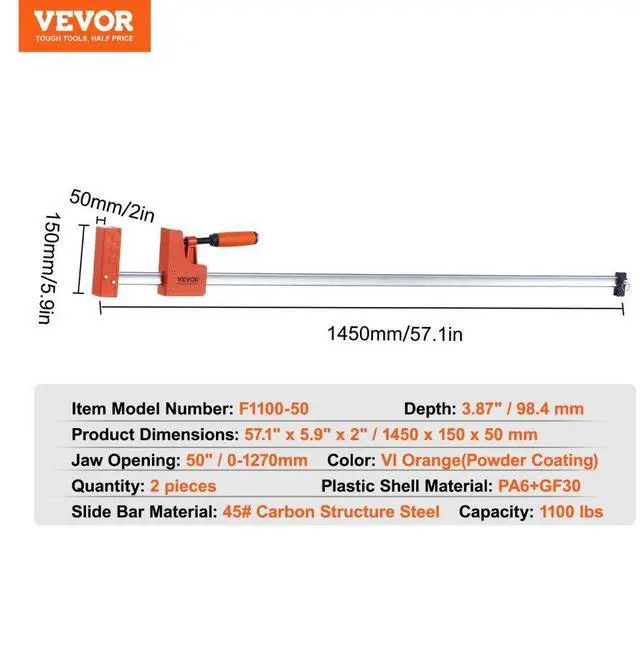 Alt view image 7 of 7 - VEVOR Bar Clamps for Woodworking, 2-Pack 50" Parallel Clamp Set, F Clamp with 1100 lbs Load Limit, Even Pressure, High-strength Plastic and Carbon Steel, Wood clamps for Woodworking Metal Working