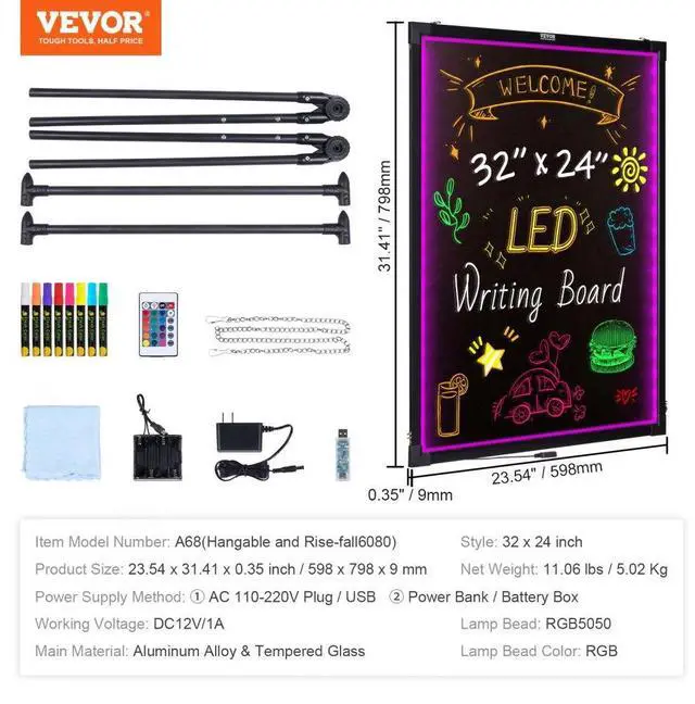Alt view image 7 of 14 - VEVOR LED Message Writing Board, 32"x24" Illuminated Erasable Lighted Chalkboard, Neon Effect Menu Sign Board, Drawing Board with 8 Fluorescent Chalk Markers and Remote Contro Tested toStandards