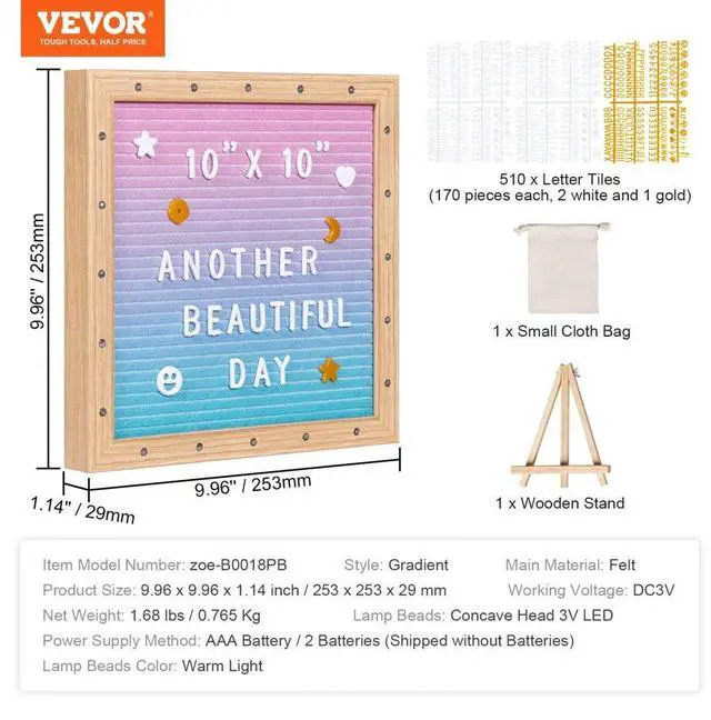 Alt view image 7 of 7 - VEVOR Gradient Felt Letter Board, 10"x10" Felt Message Board, Changeable Sign Boards with 510 Letters, Stand, and Built-in LED Lights, Baby Announcement Sign for Home Classroom Office Decor Wedding