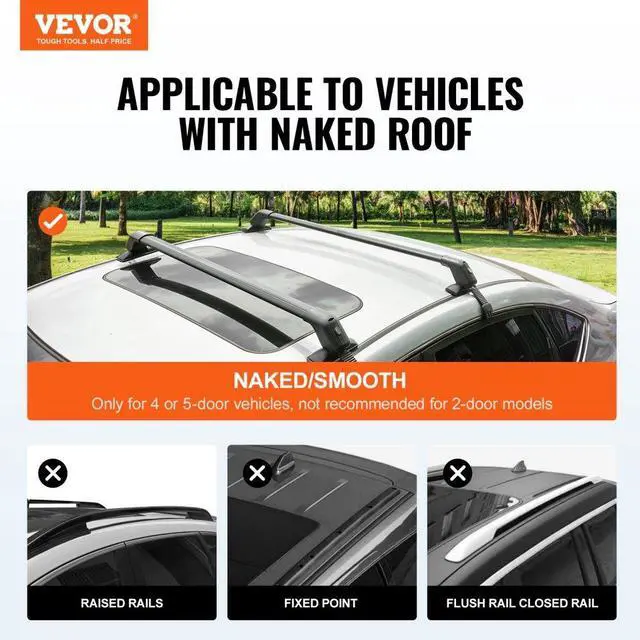 Alt view image 2 of 7 - VEVOR Universal Roof Rack Cross Bars, 41.3" Aluminum Roof Rack Crossbars, Fit Roof without Side Rail, 155 lbs Load Capacity, Adjustable Bare Roof Crossbars with Locks, for SUVs, Sedans, and Vans