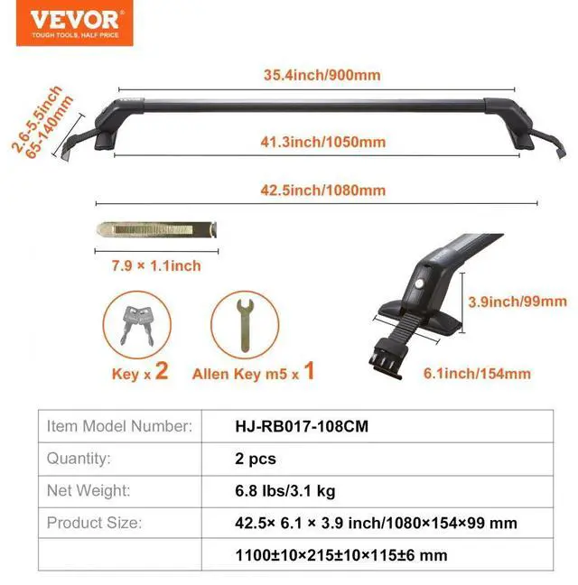 Alt view image 7 of 7 - VEVOR Universal Roof Rack Cross Bars, 41.3" Aluminum Roof Rack Crossbars, Fit Roof without Side Rail, 155 lbs Load Capacity, Adjustable Bare Roof Crossbars with Locks, for SUVs, Sedans, and Vans