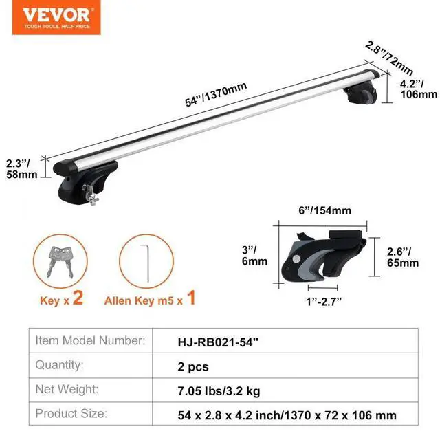 Alt view image 7 of 7 - VEVOR Universal Roof Rack Cross Bars, 54" Aluminum Roof Rack Crossbars, Fit Existing Raised Side Rail with Gap, 200 lbs Load Capacity, Adjustable Crossbars with Locks, for SUVs, Sedans, and Vans