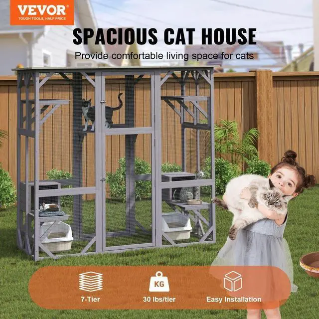 Alt view image 2 of 7 - VEVOR Cat House Outdoor, 7-Tier Large Catio, Cat Enclosure with 5 Platforms, 2 Resting Boxes & Large Front Door, 71.2 x 34.6 x 66.5 inch