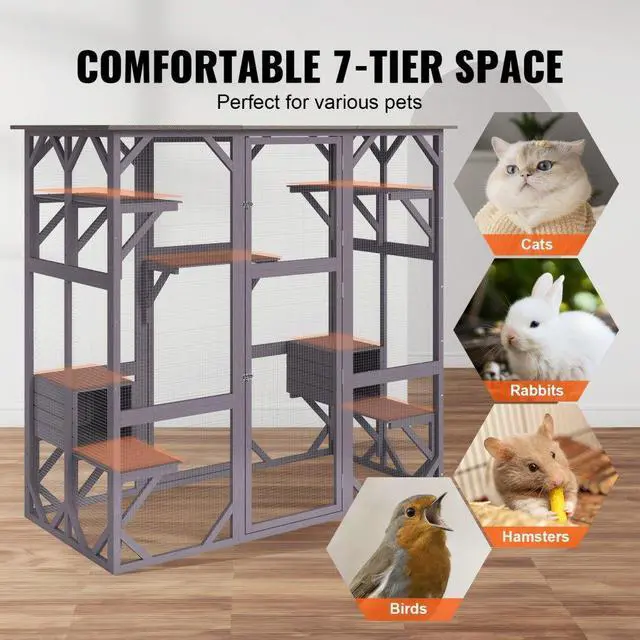 Alt view image 3 of 7 - VEVOR Cat House Outdoor, 7-Tier Large Catio, Cat Enclosure with 5 Platforms, 2 Resting Boxes & Large Front Door, 71.2 x 34.6 x 66.5 inch