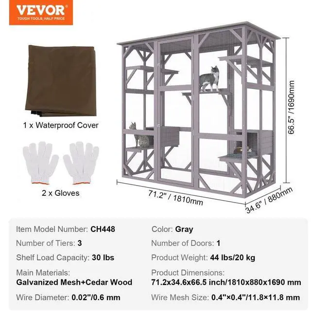 Alt view image 7 of 7 - VEVOR Cat House Outdoor, 7-Tier Large Catio, Cat Enclosure with 5 Platforms, 2 Resting Boxes & Large Front Door, 71.2 x 34.6 x 66.5 inch