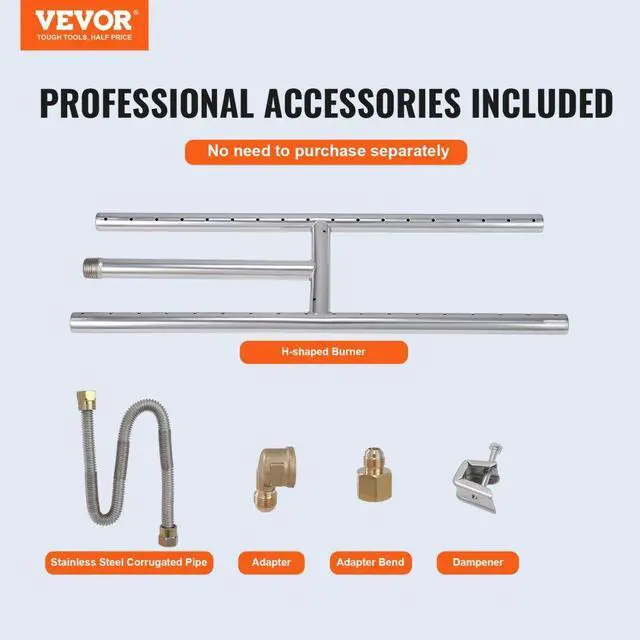 Alt view image 2 of 7 - VEVOR 6 x 18 inch Drop-in Fire Pit Pan, Rectangular Stainless Steel Fire Pit Burner, Natural & Propane Gas Fire Pan H-Burner 90,000 BTU for Indoor or Outdoor Use