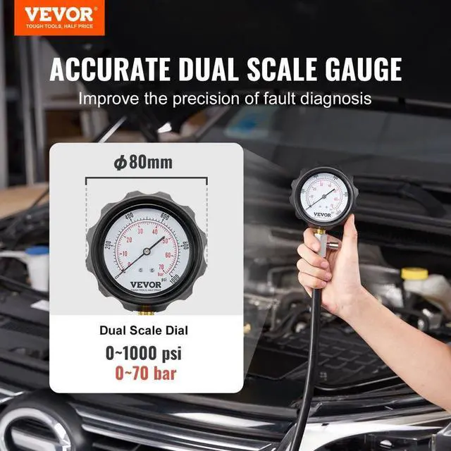 Alt view image 2 of 7 - VEVOR Diesel Engine Compression Tester, 18 pcs Cylinder Pressure Test Tool Kit, with 0-1000 psi Gauge and Adapters, Diesel Injector Tester Check Cylinders in Diesel Trucks, Tractors, Equipment