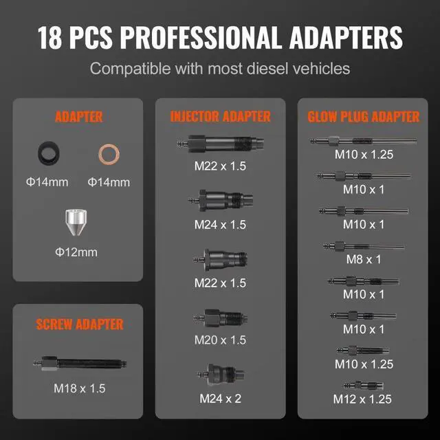 Alt view image 3 of 7 - VEVOR Diesel Engine Compression Tester, 18 pcs Cylinder Pressure Test Tool Kit, with 0-1000 psi Gauge and Adapters, Diesel Injector Tester Check Cylinders in Diesel Trucks, Tractors, Equipment