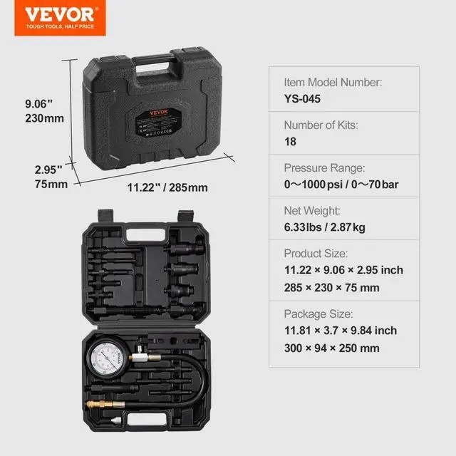 Alt view image 7 of 7 - VEVOR Diesel Engine Compression Tester, 18 pcs Cylinder Pressure Test Tool Kit, with 0-1000 psi Gauge and Adapters, Diesel Injector Tester Check Cylinders in Diesel Trucks, Tractors, Equipment