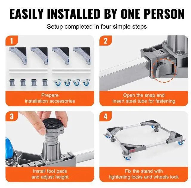 Alt view image 4 of 7 - VEVOR Mini Fridge Stand, 400 lbs Load, 4 Strong Feet, 4 Locking Swivel Wheels, Washer and Dryer Pedestal, Multi-Functional Adjustable Base for Washing Machine, and Refrigerator, Universal Mobile Base