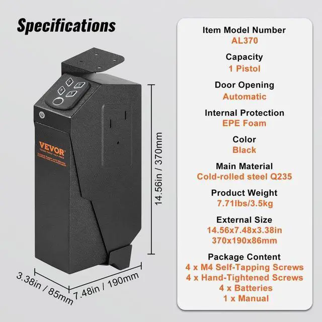 Alt view image 7 of 7 - VEVOR Mounted Gun Safe for Pistols, Biometric Gun Safe with Three Quick Access Ways of Fingerprints, Passwords and Keys, Handgun Safe for 1 Pistol for Home, Bedside, Nightstand, Wall