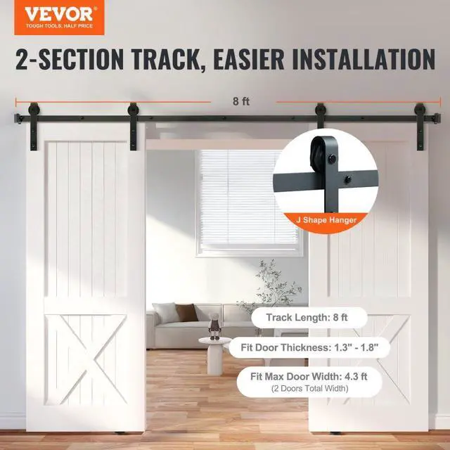 Alt view image 2 of 7 - VEVOR 8FT Sliding Barn Door Hardware Kit, 330LBS Heavy Duty Barn Door Track Kit for Double Doors, Fit 3.7-4.3FT Total Wide and 1.3"-1.8" Thick 2 Door Panel, with Smooth & Silent Pulley (J Shape)