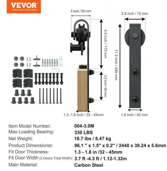 Alt view image 7 of 7 - VEVOR 8FT Sliding Barn Door Hardware Kit, 330LBS Heavy Duty Barn Door Track Kit for Double Doors, Fit 3.7-4.3FT Total Wide and 1.3"-1.8" Thick 2 Door Panel, with Smooth & Silent Pulley (J Shape)