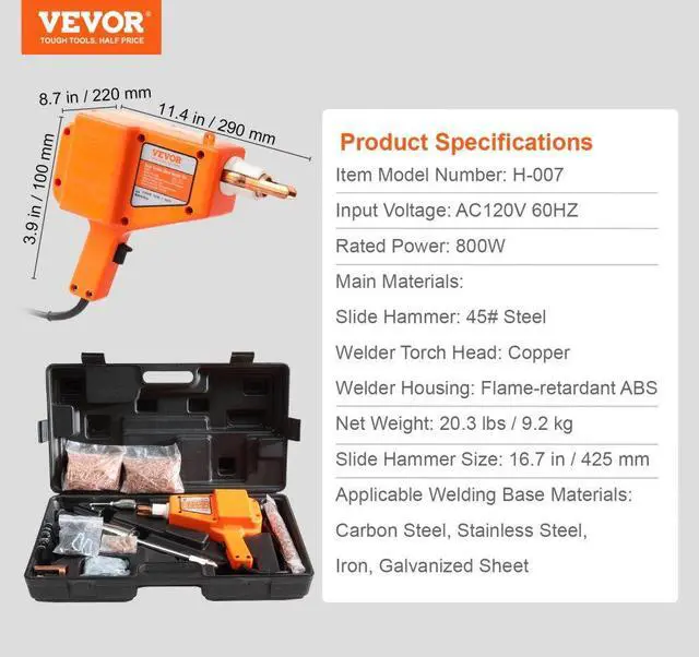 Alt view image 7 of 7 - VEVOR Stud Welder Dent Repair Kit, 800W Spot Welder Stud with 5 Welding Mode, Auto Body Dent Welder Repair Machine with 13 Types of Welding Accessories for Car, Truck, Motorcycle Dent Repair