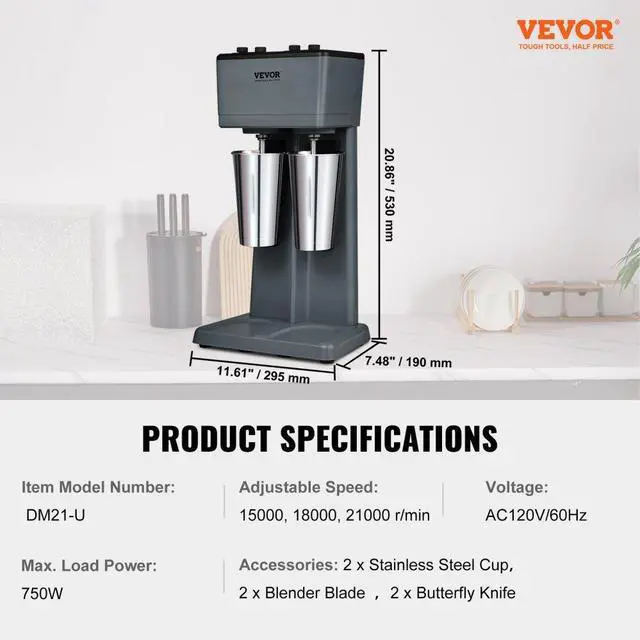 Alt view image 7 of 7 - VEVOR Milkshake Maker, 375W x 2 Electric Milkshake Machine, Double Heads Drink Mixer Blender Machine, 3-Speed Milkshake Mixer with 2 x 820 ml Stainless Steel Cups, for Commercial and Home