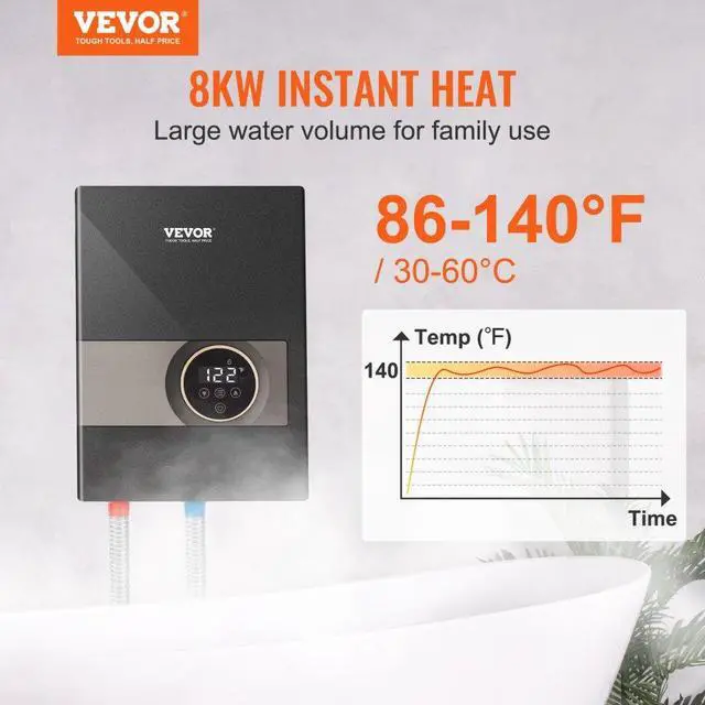 Alt view image 2 of 7 - VEVOR Instant Water Heater, 8kw On Demand Electric Tankless Water Boiler, Digital Temperature Display & Easy Installation & 24-Hour Water Supply, For Kitchen Bathroom Shower Mall Salon ETL Listed