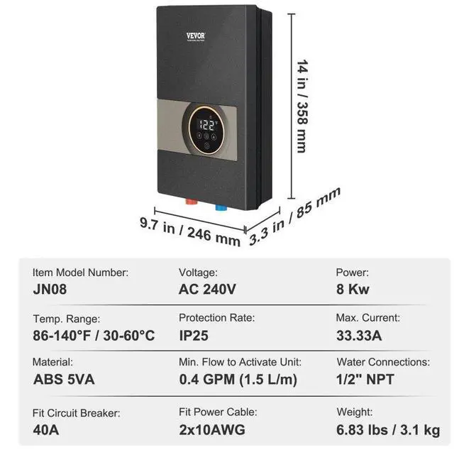 Alt view image 7 of 7 - VEVOR Instant Water Heater, 8kw On Demand Electric Tankless Water Boiler, Digital Temperature Display & Easy Installation & 24-Hour Water Supply, For Kitchen Bathroom Shower Mall Salon ETL Listed
