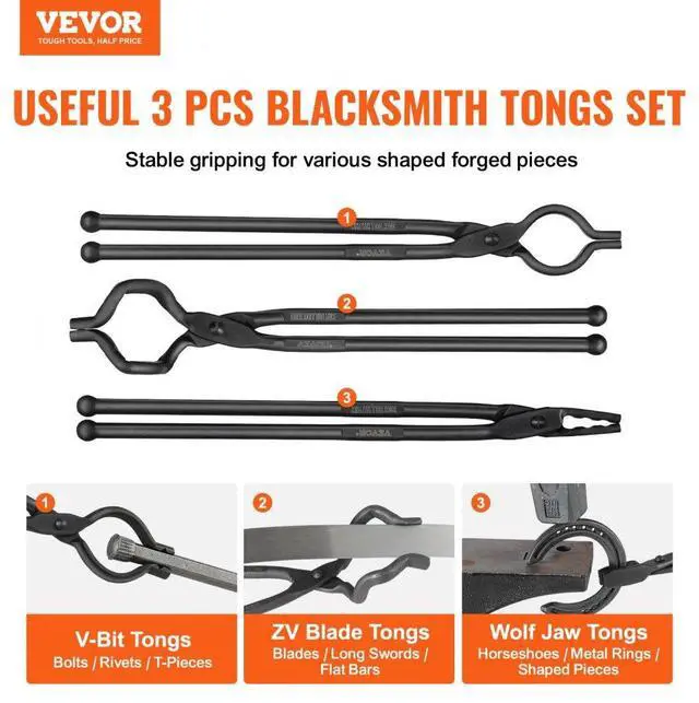 Alt view image 2 of 14 - VEVOR Blacksmith Tongs, 18 3 PCS, V-Bit Bolt Tongs, Wolf Jaw Tongs and Z V-Bit Tongs, Carbon Steel Forge Tongs with A3 Steel Rivets, for Beginner and Seasoned Blacksmiths, Bladesmiths and Craftsmen