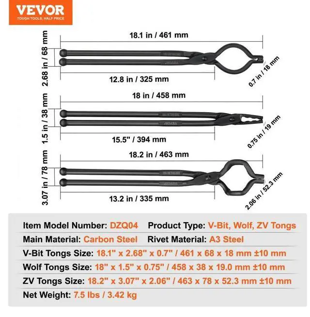 Alt view image 7 of 14 - VEVOR Blacksmith Tongs, 18 3 PCS, V-Bit Bolt Tongs, Wolf Jaw Tongs and Z V-Bit Tongs, Carbon Steel Forge Tongs with A3 Steel Rivets, for Beginner and Seasoned Blacksmiths, Bladesmiths and Craftsmen