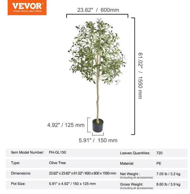 Alt view image 7 of 7 - VEVOR Artificial Olive Tree, 5 FT Tall Faux Plant, Secure PE Material & Anti-Tip Tilt Protection Low-Maintenance Plant, Lifelike Green Fake Potted Tree for Home Office Warehouse Decor Indoor Outdoor