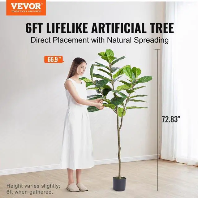 Alt view image 2 of 7 - VEVOR Artificial Fiddle Leaf Fig Tree, 6 FT, Secure PE Material & Anti-Tip Tilt Protection Low-Maintenance Faux Plant, Lifelike Green Fake Potted Tree for Home Office Warehouse Decor Indoor Outdoor