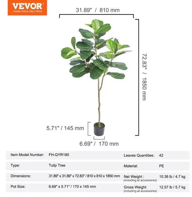 Alt view image 7 of 7 - VEVOR Artificial Fiddle Leaf Fig Tree, 6 FT, Secure PE Material & Anti-Tip Tilt Protection Low-Maintenance Faux Plant, Lifelike Green Fake Potted Tree for Home Office Warehouse Decor Indoor Outdoor