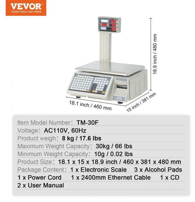 Alt view image 7 of 7 - VEVOR Electronic Price Computing Scale, 66 LB Digital Deli Weight Scales, LCD & LED Digital Commercial Food Fruit Meat Produce Counting Weight, for Retail Store, Kitchen, Restaurant Market, and Farmer